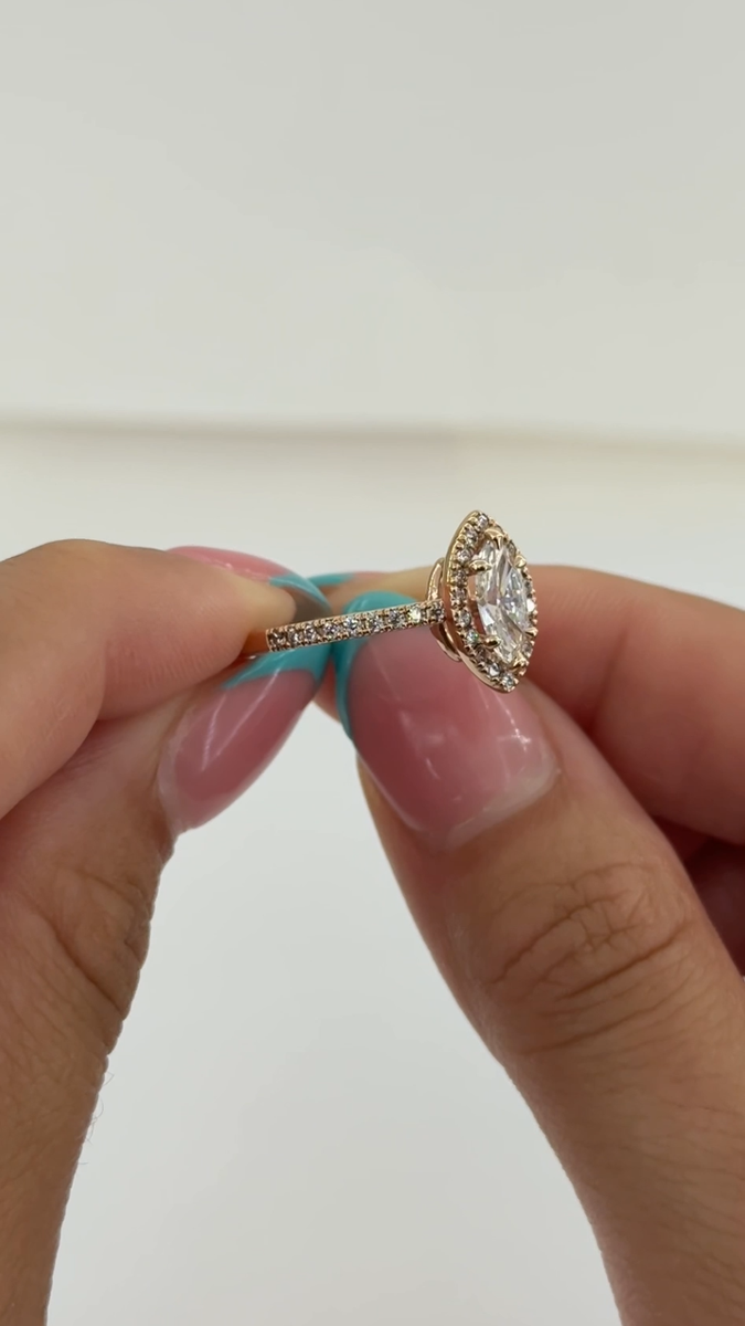 Marquise Cut Diamond Halo Engagement Ring 1.08 ct 14K Rose Gold G