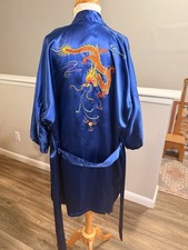 Vintage Silk Dragon Robe Kimono Blue Embroidered Chinese Belted Lounge L