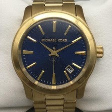 Michael Kors MK-7049 Mens Watch 45mm Blue Dial Date Gold Tone New Battery 7.5"