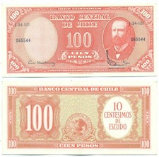 CHILE NOTE 10 CENTESIMOS ON 100 PESOS (190-61) MACKENNA-IBAÑEZ P 127(2) XF