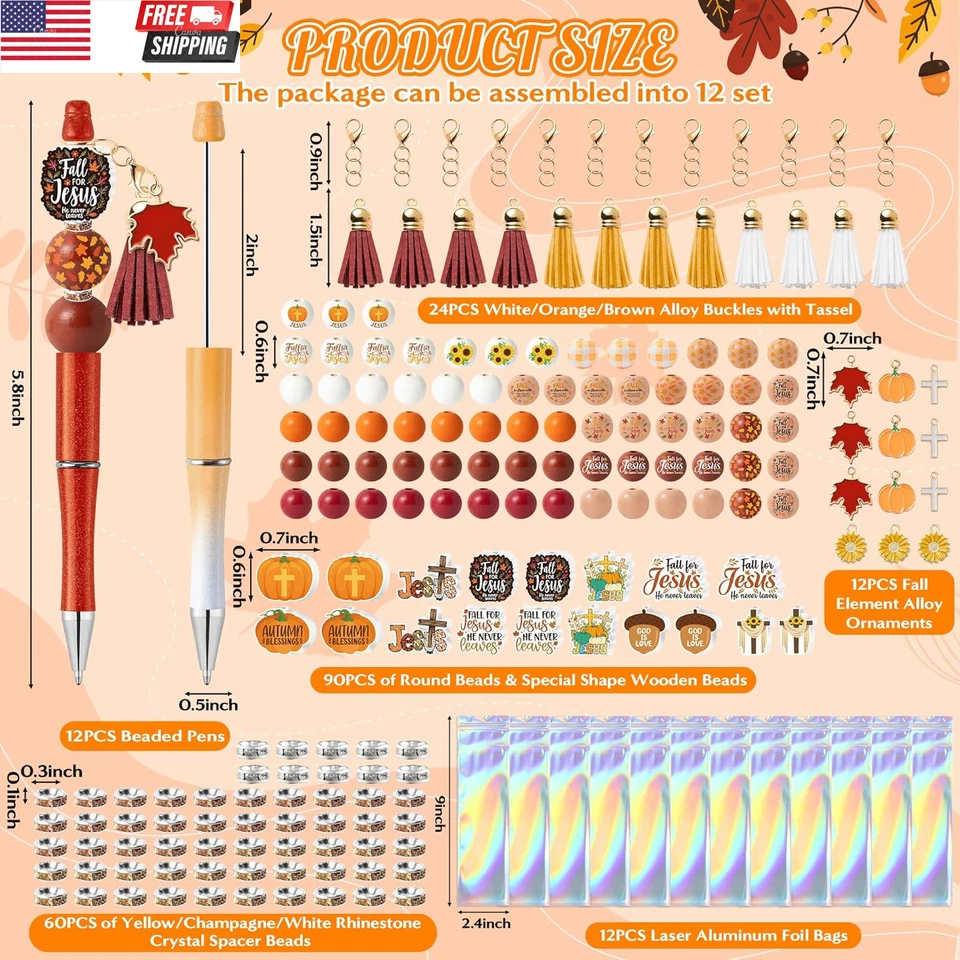 Fall Religious Beadable Pens - 12 Set Autumn DIY Ballpoint Pen Making Kit with B - Image 2 of 4