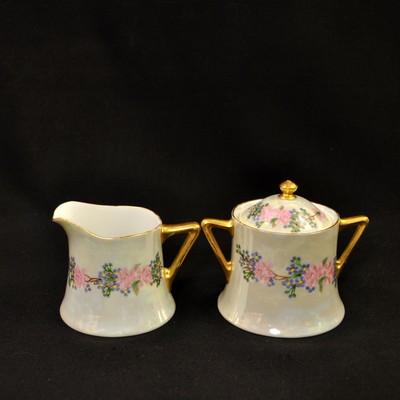 O&EG Royal Austria Creamer & Sugar w/Lid 1899-1918 HP Floral Garland Luster Gold