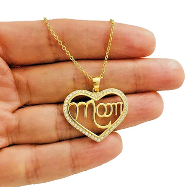 925 Solid Sterling Silver & Gold Plated Heart Pendant MOM 18'' Necklace- ESN39