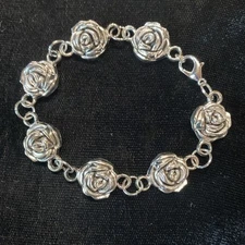 Rose Bracelet Silver Hook Clasp 16mm Roses Pewter Charms 8" inch Rose Flower