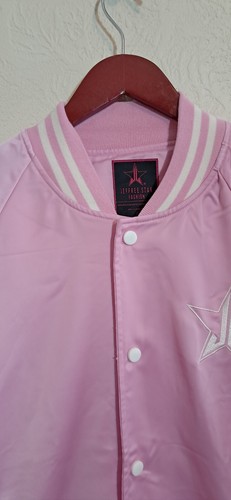 JEFFREE STAR Fashion Pink Button Up White Embroidered Satin Varsity Jacket M NWT - Picture 5 of 7