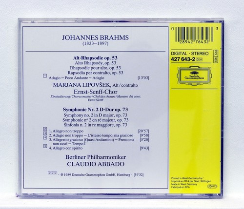 CLAUDIO ABBADO - BRAHMS Symphony No.2, Alto Rhapsody - DGG CD NM - Bild 2 von 2