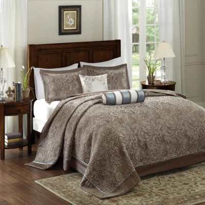 QUALITY BEAUTIFUL XXL ELEGANT CHIC BROWN SOFT BLUE IVORY GREY LARGE BEDSPREAD QUILT SET