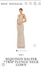 NEW Mac Duggal Ieena Sequined Halter Strap Plunge Neck Gown Rose Gold Sz 6