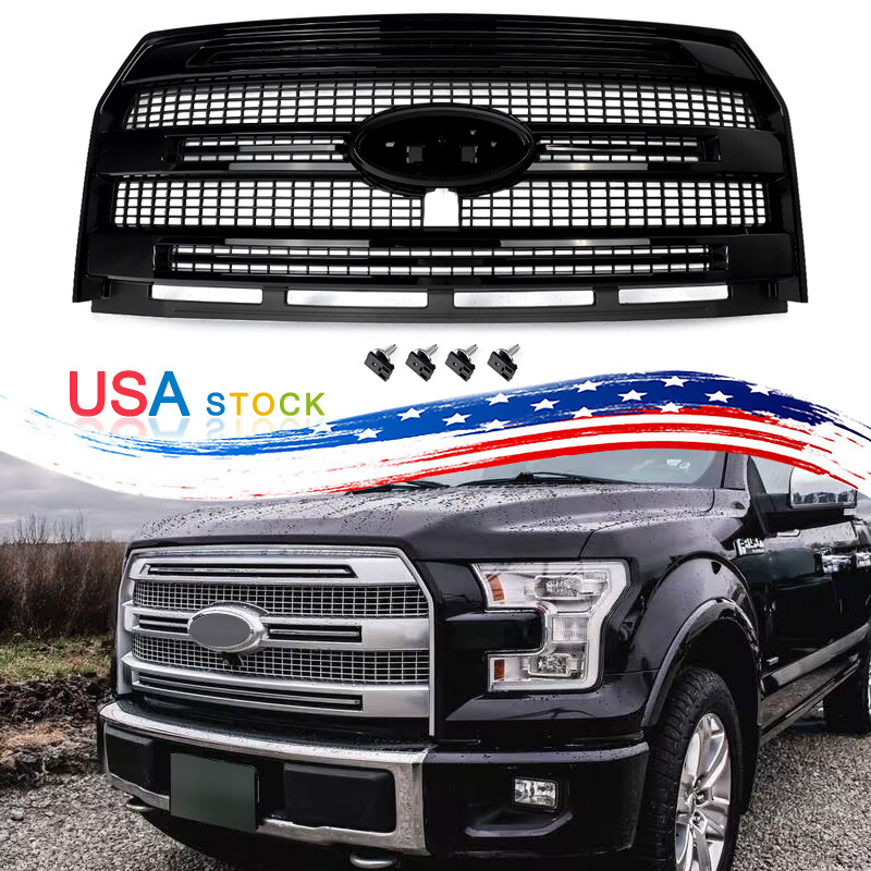 For 2015-17 Ford F-150 F150 Front Bumper Grille Grill Gloss Black W/ Camera Hole