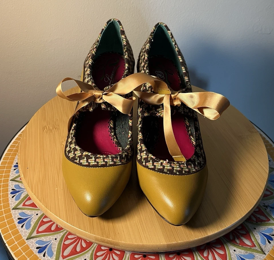 Tacones con licencia poética talla 7,5 EE. UU. / 38 EUR amarillo mostaza pata de gallo cinta corbata Foto 3 de 4