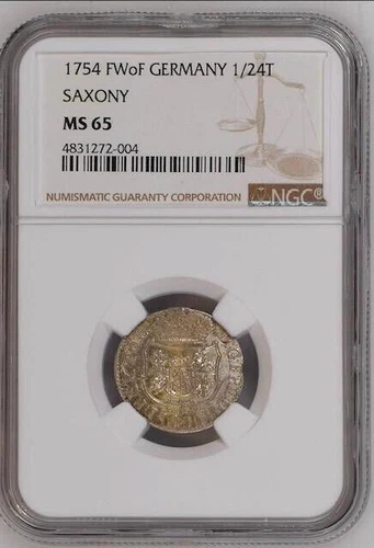 Poland Saxony 1754 Drezden Silver 1/24 Thaler NGC MS65 King August III Sas