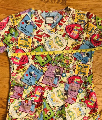 Mary Engelbreit Women's Size Small 3 Pocket Printed V-Neck Scrub Top - Picture 3 of 12