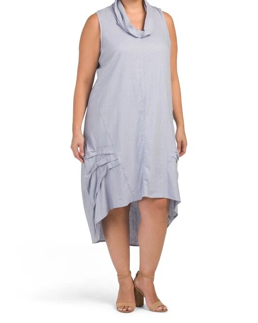 JONES NEW YORK LINEN Blend BLUE Midi Shirt DRESS HI LO HEM Plus