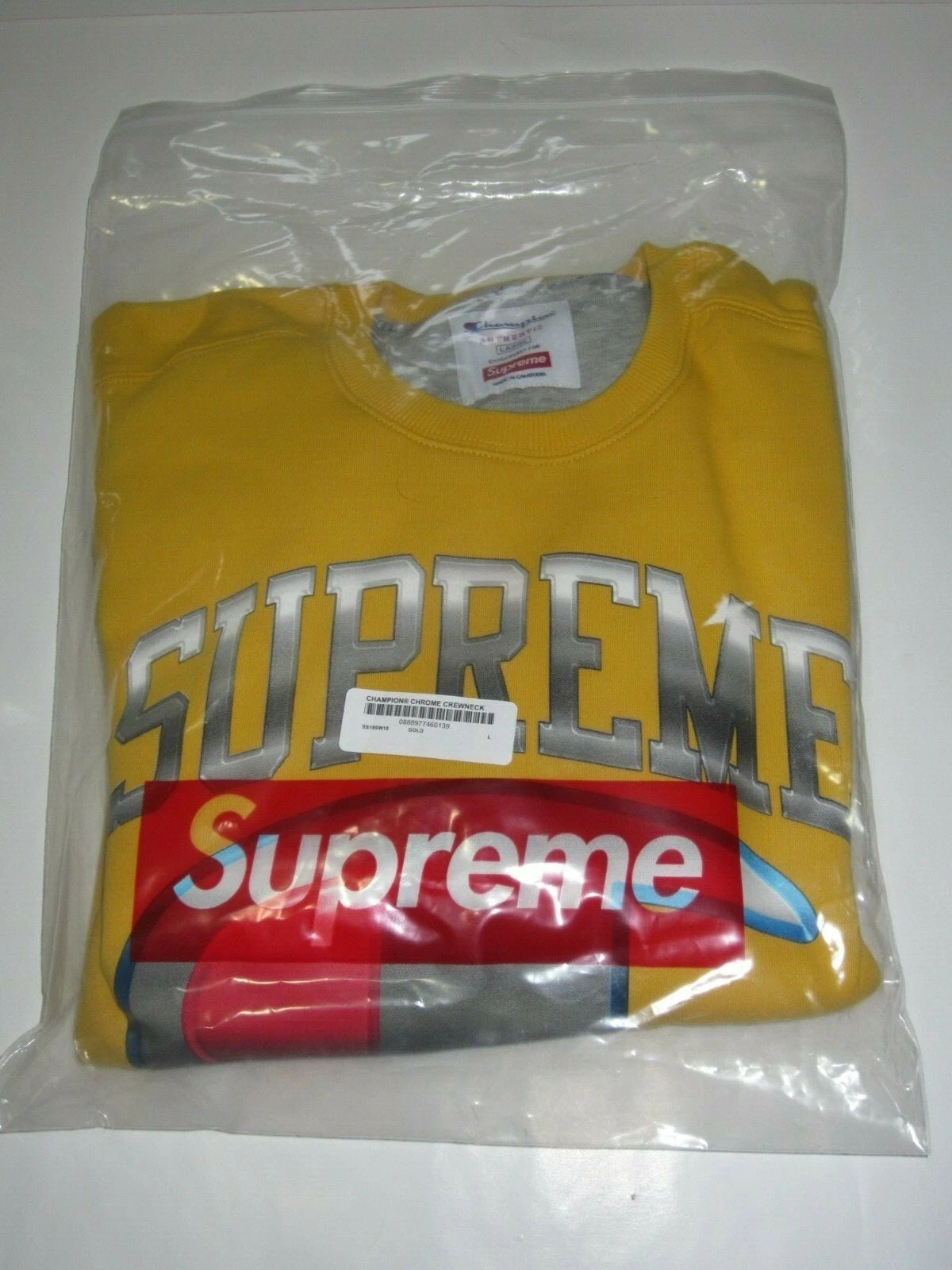 SUPREME x Champion Chrome Crewneck Sweat Shirt OR Homme Grand NEUF ! S/S19 BOGO
