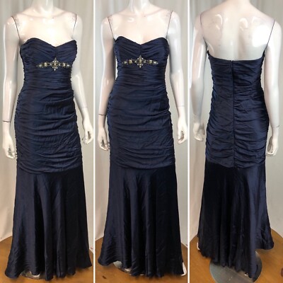 $450 David Meister 4 Blue Silk Pleated Beaded Strapless Ruched Formal Maxi Dress