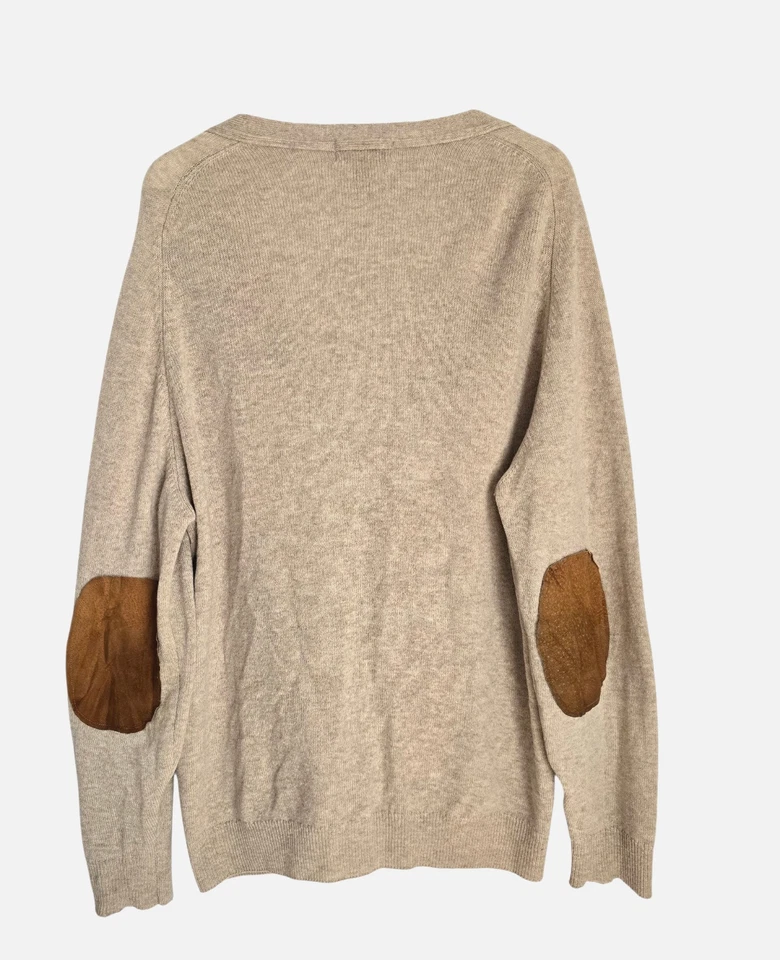 Vtg LL Bean Lambswool Cardigan Suede Patches Sweater Men L Tall Tan Scotland Dad - Image 3 of 4