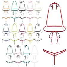 Women's No Coverage Micro Bikini Lingerie O-ring Linked Lace-up Bra T-back Set