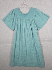 Old Navy Smocked Eyelet Dress Medium Teal Blue Shift House Dress Casual Boho