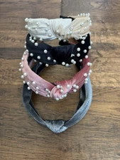 Pearl Knotted Headband - Velvet Headband Pink White Black Gray NEW