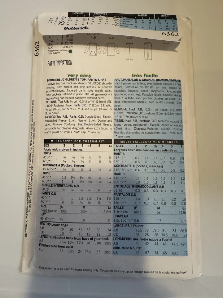 Butterick 6362 Girls Boys Pullover Top Pants Hat 1-2-3 Easy Sewing Pattern UNCUT - Image 4 of 4