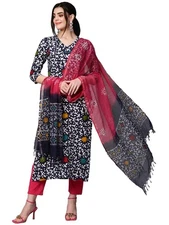 GoSriKi Women's Cotton Blend Printed Straight Kurta with Pant & Dupatta