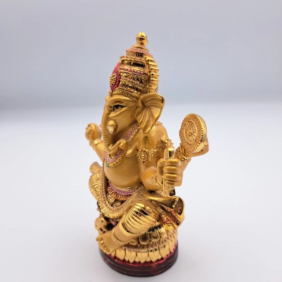 Old Tibet Resin Gilt 4 Arms Ganapati Mammon Elephant God Buddha Reading Statue - Image 2 of 4