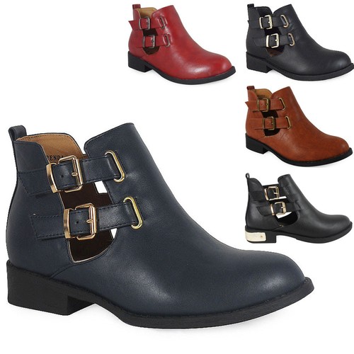 WOMENS LADIES ANKLE HEEL CUTOUT STRAPPY BUCKLES FLAT CHELSEA BOOTS SHOES SIZE
