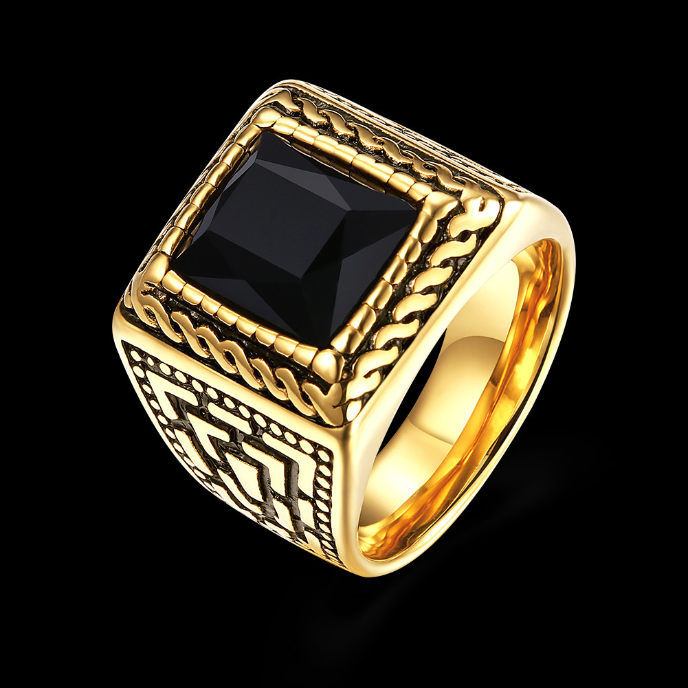 Stainless Steel Yellow Gold Plated Ring Men's Black Glass Stone