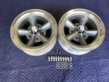 VINTAGE PAIR OF 5 SPOKE TORQ THRUST STYLE POLISHED LIP 14X6 4 3/4 CHEVY WHEELS