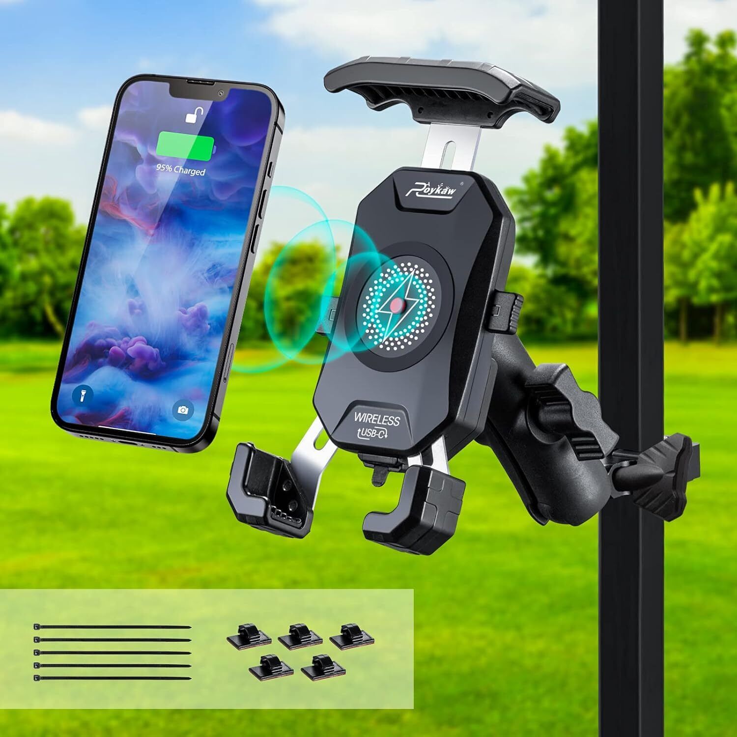 Golf Cart Phone Mount Holder with 15W Wireless USB C 20W Fast Charger for