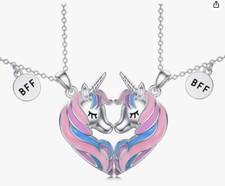 BFF Solid Sterling Silver 2 cute unicorn necklaces for best friends to share  