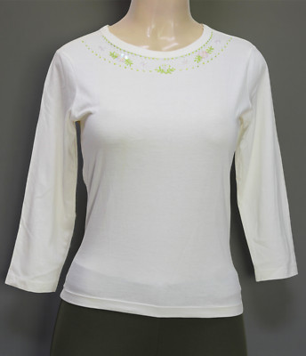 P.N.A. Women's  Embellished Tee Top 3/4 Sleeve White Petite Size PS