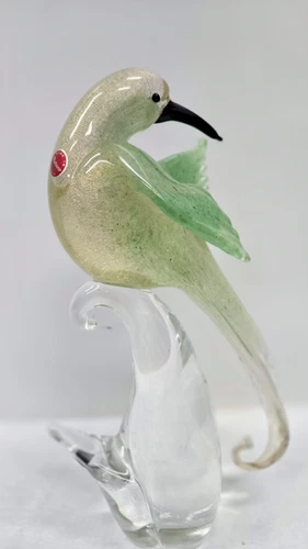 Vintage Murano Art Glass Bird Dove on Branch Figurine Tall 12" Gold Flecks Italy