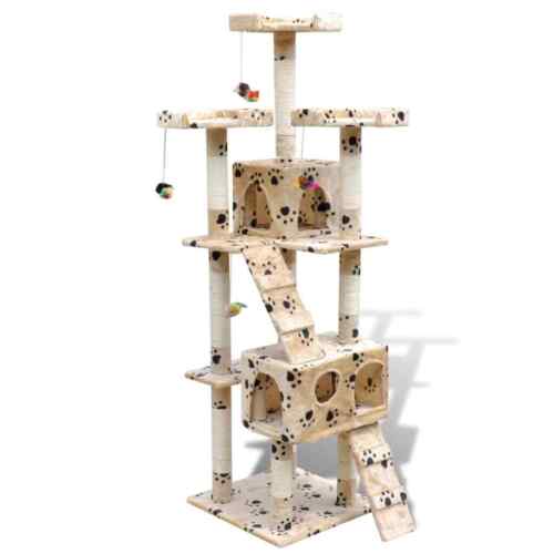 Kattenkrabpaal met pootafdrukken en 2 huisjes 170 cm beige vidaXL - Afbeelding 1 van 3
