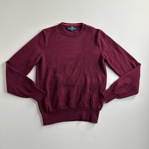 Big PSYCHO BUNNY Pullover Red Sweater 100% Merino Wool Sweatshirt Mens Size XS