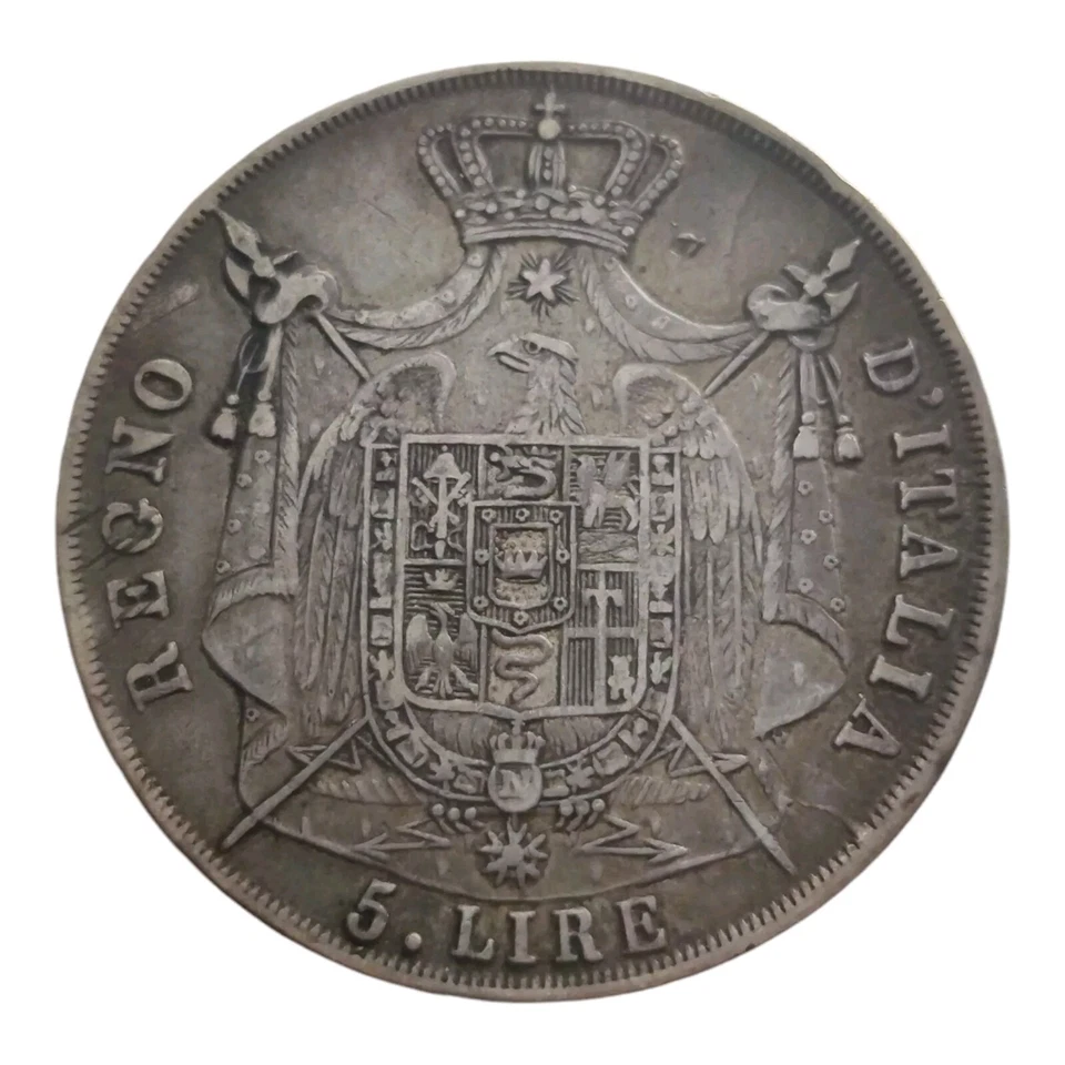 1812 M 5 Lire Kingdom of Italy Napoleon Large Crown Thaler Sized Silver Coin 5E - Image 2 of 2