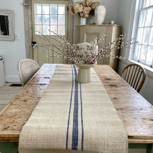 Farmhouse table runner blue stripe hand woven old hemp striped linen The Textil - Picture 3 of 9