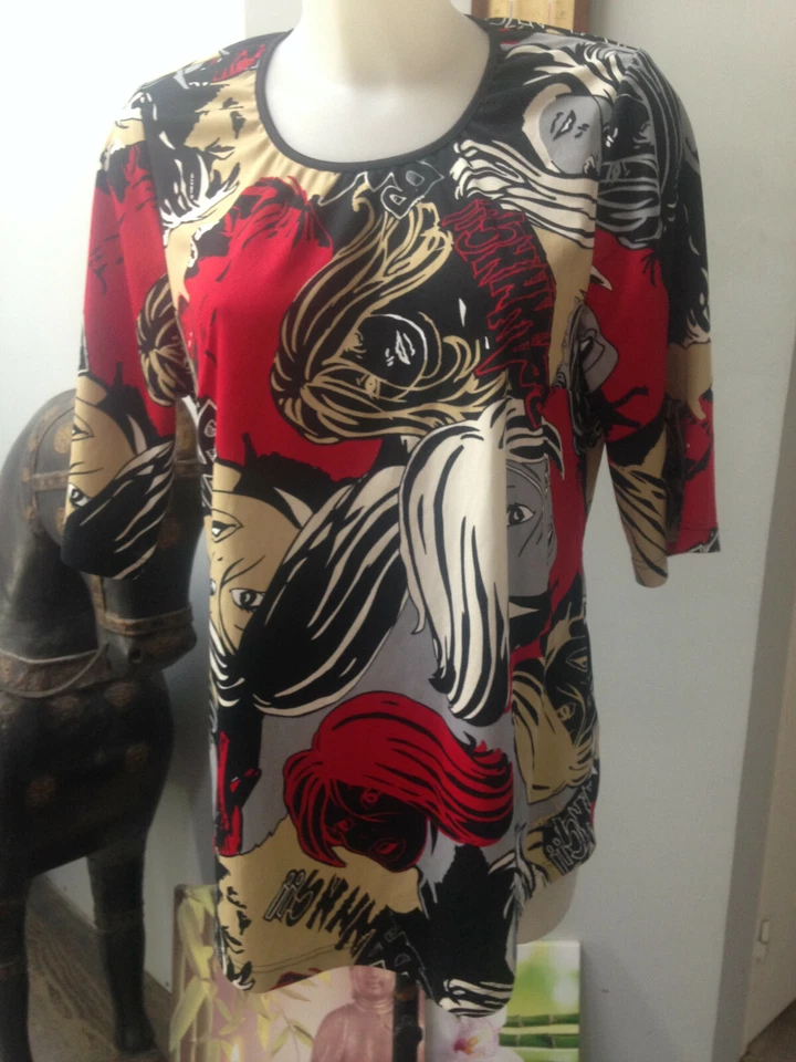 MARY CAT haut femme tee shirt polyamide noir beige gris rouge imprimé Taille 40 - Photo 1/4