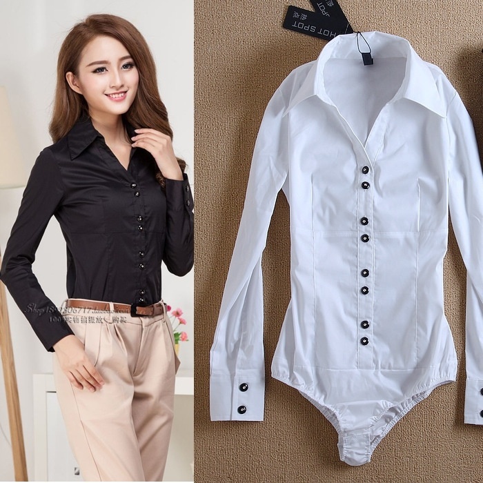 Sexy Women Blouse Bodysuit Shirt V-neck Button Down Long