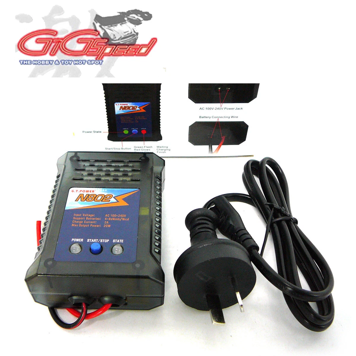GT Hobbies Fast RC Battery Charger 7.2v 8.4v 9.6v TAMIYA Plug 2A 20W NiCD NiMH