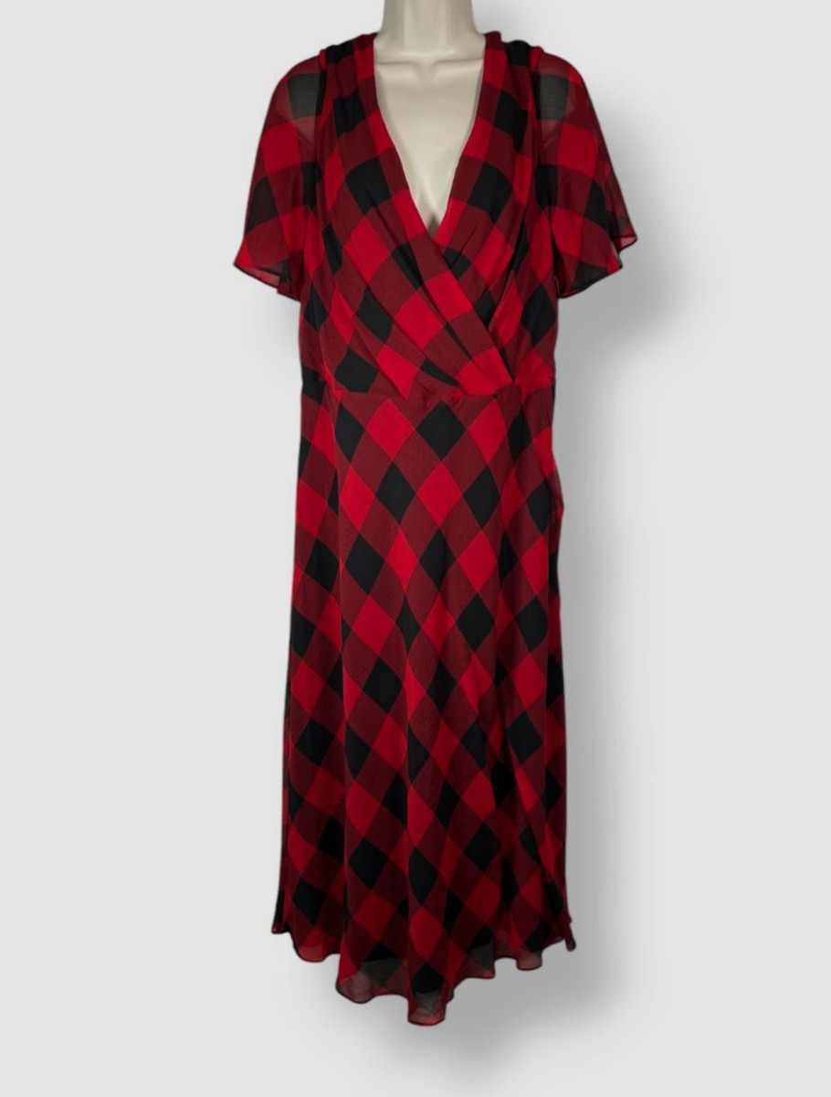 Lauren Ralph Lauren Womens Check Print Surplice Midi Dress Red 14