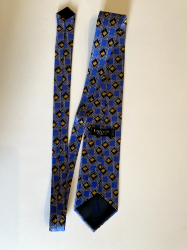 145cm Lanvin King Blue Silk Tie with Navy Blue, Gold & Grey Patterns - Picture 1 of 6