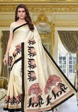 Women Fancy Georgette Beige Elephant Print Sari Saree with Blouse Pc Bordered