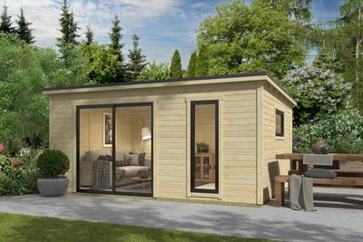 Gartenhaus Holz 44mm NOVA 4 506x386cm in natur mit ALU-Schiebetüren Homeoffice