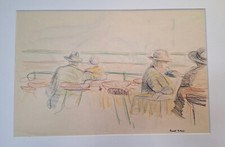 CHARLOTTE HILMER, Strandcafé, schöne Farbzeichnung, signiert, selten, VK: 380,-