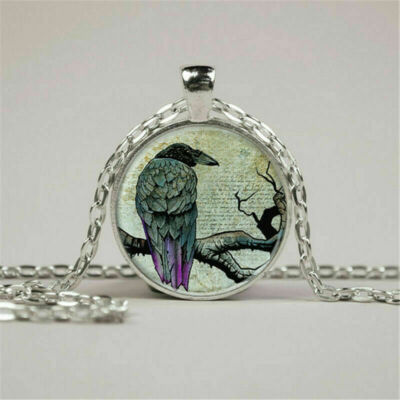 RAVEN CROW BLACK TREE pendant Sterling 925 Silver plated 20'' necklace Gold Gift