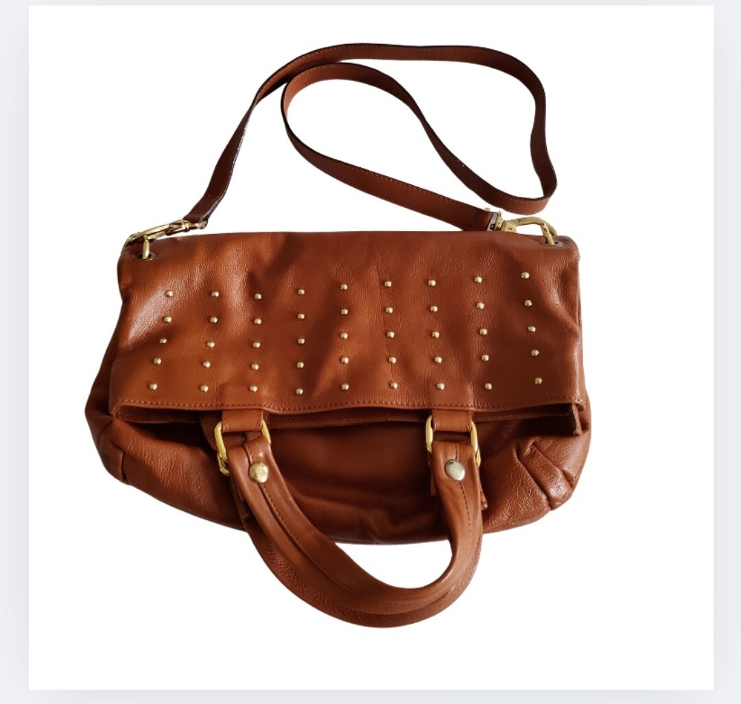 Pulicati Brown Studded Leather Foldover Satchel Handbag for Women