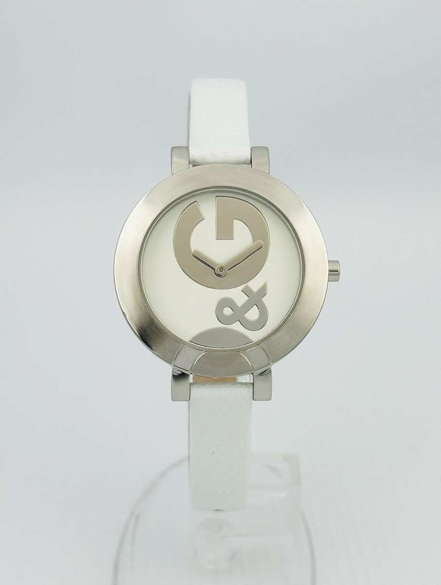 D&G Women's HOOP - LA DW0519 Silver White Dial White Leather Strap