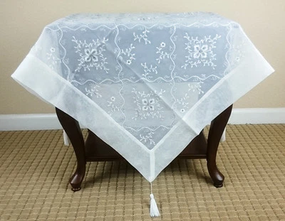 GRANTLINEN Embroidered Silver Tassel Square Tablecloth White Wedding Bridal Event Decor 33"