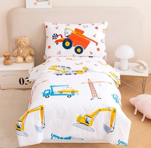 NEW- Perfemet 4 Piece Construction Toddler Bedding Set Excavator Truck Boy - Picture 1 of 8